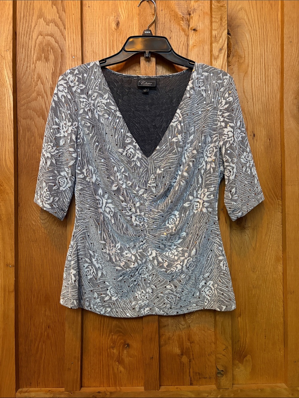 Dress Barn Silver Floral V-Neck Draped Holiday Party Half Sleeve Blouse, Large